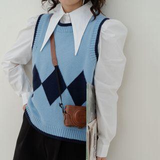 Set: Plain Shirt + Argyle Sweater Vest