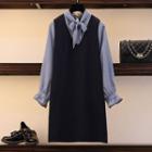 Mock Two-piece Long-sleeve Knot Front Shift Dress