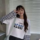 Mock Two-piece Long-sleeve Plaid Lettering Print T-shirt