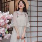 Set: Flower Embroidered Bell-sleeve Mesh Top + Midi A-line Skirt