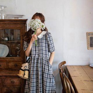 Petal-collar Plaid Shirtdress