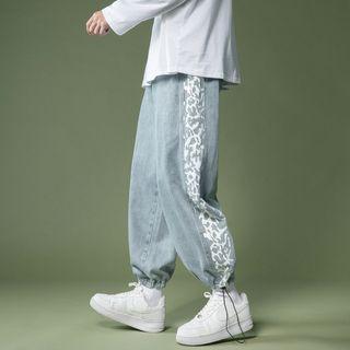Leopard Print Panel Drawstring-cuff Wide-leg Jeans