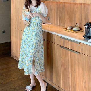 Set: Short-sleeve Top + Sleeveless Floral Print Dress