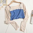 Set: Long-sleeve Crop Top + Camisole Top Set Of 2 - Long-sleeve Top & Camisole Top - Almond & Blue - One Size