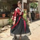 3/4-sleeve Flower Print Wrap Top / A-line Midi Skirt