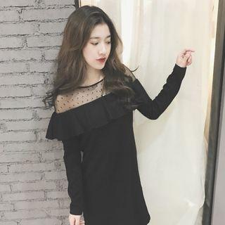 Dotted Mesh Panel Long Sleeve Dress