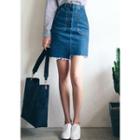 Fray-hem Denim Mini Pencil Skirt