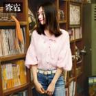 3/4-sleeve Tie-neck Striped Blouse