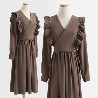 Set: Long-sleeve Ruffled Top + Spaghetti-strap Midi A-line Dress