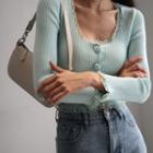 Plain U-neck Lace-trim Long-sleeve Knit Top