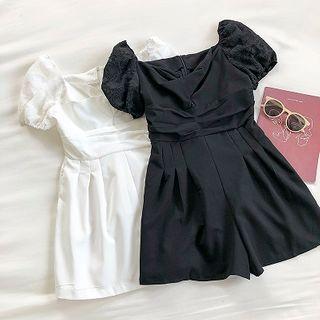 Plain Square-neck Frilled Puff-sleeve Jumper Shorts