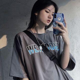 Lettering Elbow-sleeve T-shirt Dark Gray - One Size