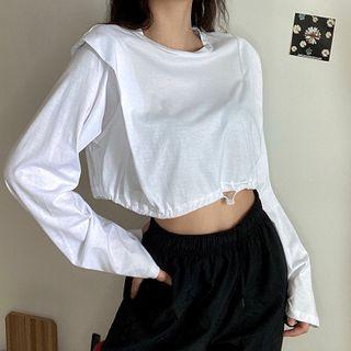 Drawstring-cuff Long-sleeve Cropped T-shirt