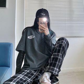 Short-sleeve Lettering T-shirt / Long-sleeve Leopard Print Top / Plaid Wide Leg Pants