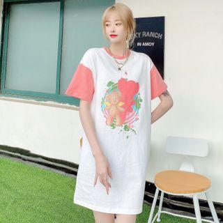 Color Block Panel Angel Bear Print Dress