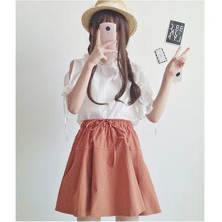 Set: Open Shoulder Frill Trim Short-sleeve Blouse + Mini Skirt