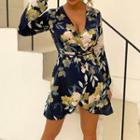 Long-sleeve V-neck Flower Print Mini Wrap Dress