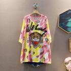 Short-sleeve Rhinestone Tiger T-shirt Pink - One Size