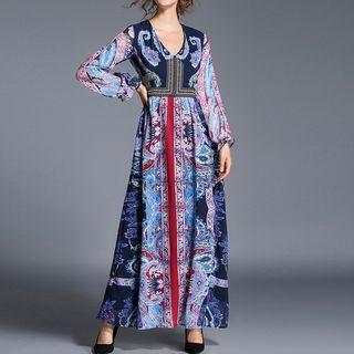 Patterned Long Sleeve Maxi Dress