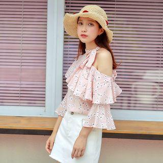 One-shoulder Ruffled-trim Floral Top