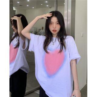 Short-sleeve Heart Print T-shirt Pink Love Heart - White - One Size