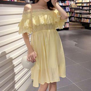 Elbow-sleeve Lace Trim Ruffled A-line Dress