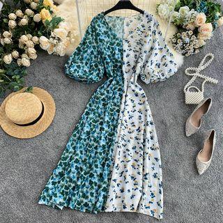 Panel Lantern-sleeve Chiffon Floral Dress As Shown In Figure - One Size