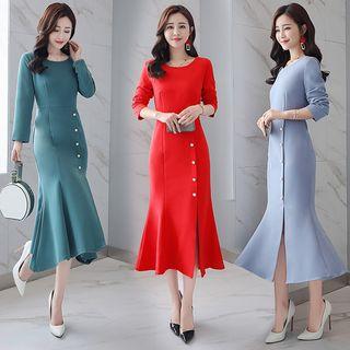 Long-sleeve Flare Hem Midi Sheath Dress