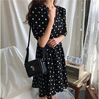 Elbow-sleeve Dotted A-line Dress