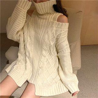 Turtleneck Cold Shoulder Chunky Knit Sweater Almond - One Size