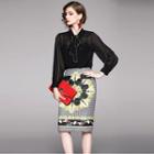 Set: Long-sleeve Tie-neck Chiffon Top + Printed Fitted Skirt