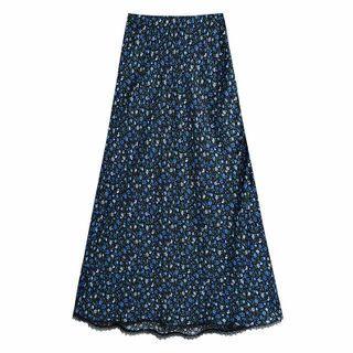 Floral Print Lace Trim Midi A-line Skirt