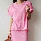 Set: Round-neck T-shirt + Band-waist Slit-side Long Skirt