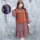 Set: Leaves Print Tie-neck Chiffon Dress + Vest