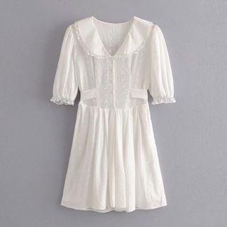 Lace Trim Embroidered Panel Tie-waist Mini A-line Dress