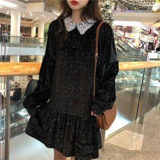 Long-sleeve Lace Collar Mini Velvet Dress Black - One Size