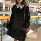 Long-sleeve Lace Collar Mini Velvet Dress Black - One Size
