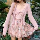 V-neck Knit Jacket / Cropped Camisole Top / Floral Mini Skirt