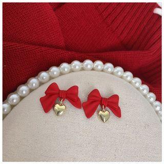 Heart Bow Drop Earring 1 Pair - Silver Needle - Bow - Red - One Size