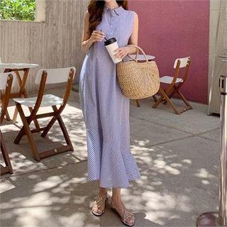 Sleeveless Ruffle-hem Stripe Dress Blue - One Size