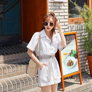 Dolman-sleeve Belted Stripe Playsuit