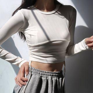 Plain Crewneck Drawcord Slim-fit Top