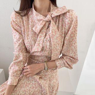 Asymmetric-button Scarf-neck Floral Blouse