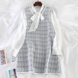 Set: Long-sleeve Tie-neck Blouse + Tweed Dress