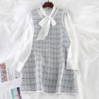 Set: Long-sleeve Tie-neck Blouse + Tweed Dress