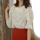 Dotted Elbow-sleeve Blouse / Irregular Straight-fit Skirt