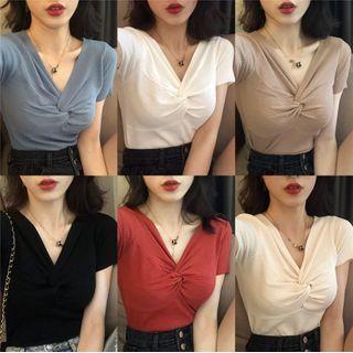 Short-sleeve V-neck Twist Knit Top