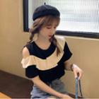 Short-sleeve Cold Shoulder Two-tone Top Black - One Size