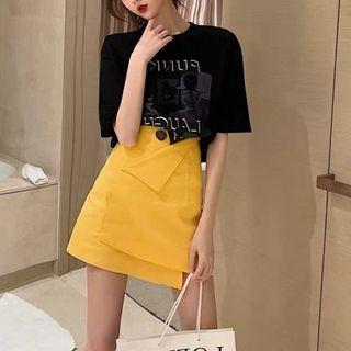 Set: Printed Short-sleeve T-shirt + Irregular A-line Skirt