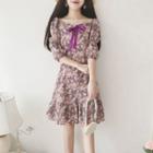 Elbow-sleeve Floral Bow Mini A-line Dress Purple - One Size
